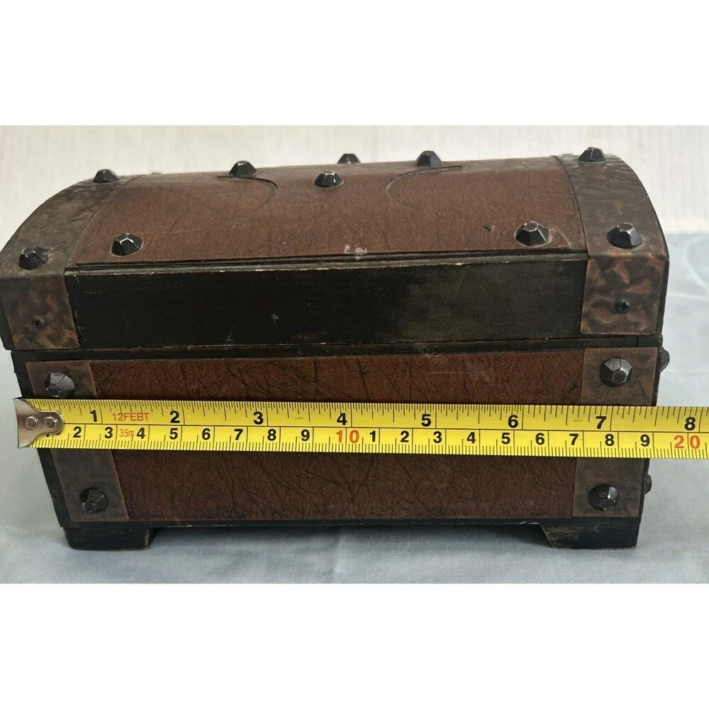 Vintage Wood Leather Metal Pirate Treasure Chest Jewelry Box